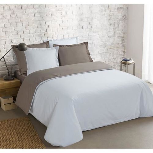 VISION Parure de couette bicolore 100% coton - 1 housse de couette 240 x 260 cm + 2 taies 65 x 65 cm - Gris taupe et blanc - Photo n°2; ?>
