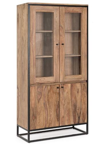 Vitrine 4 portes bois clair de Sheesham et acier noir Klazik 88 cm - Photo n°2; ?>