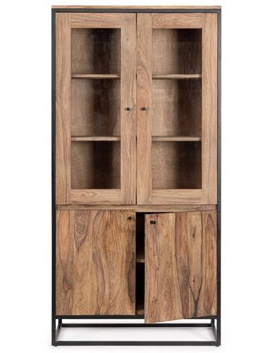 Vitrine 4 portes bois clair de Sheesham et acier noir Klazik 88 cm - Photo n°3; ?>