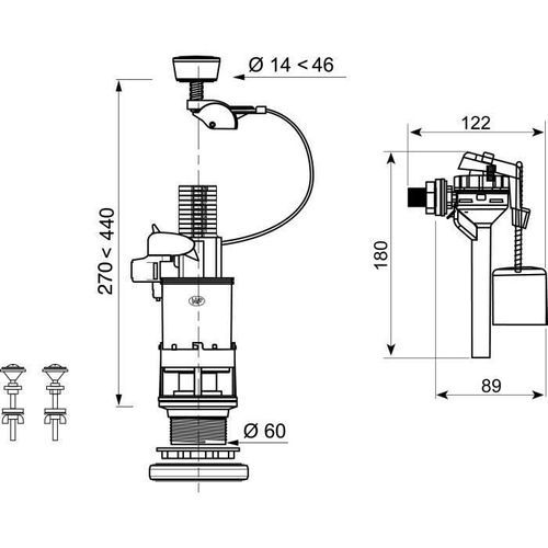 WIRQUIN Mécanisme de WC 3/6 laiton a câble + Robinet flotteur latéral Topy 3/8 laiton - Photo n°2; ?>