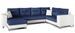 Canapé panoramique tissu bleu et simili cuir blanc en forme de U convertible avec petit coffre de rangement Lizzio 312 cm - Photo n°1
