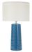 Lampe de table bleue design céramique relief géométrique et abat-jour blanc GLISS - Photo n°1