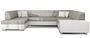 Canapé convertible panoramique bi matières tissu gris clair chiné et simili cuir blanc avec coffre de rangement Houston 320 cm