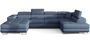 Canapé design panoramique U convertible droit tissu bleu jean avec coffre de rangement Romano