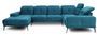 Canapé panoramique design tissu bleu canard têtières angle droit avec accoudoir Stan 350 cm