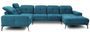 Canapé panoramique design tissu bleu canard têtières angle gauche avec accoudoir Stan 350 cm