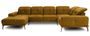 Canapé panoramique design velours jaune poil de chameau têtières angle droit avec accoudoir Stan 350 cm