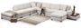 Canapé panoramique tissu beige clair avec étagère en bois et grande méridienne à gauche Zabora 374 cm