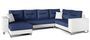 Canapé panoramique tissu bleu et simili cuir blanc en forme de U convertible avec petit coffre de rangement Lizzio 312 cm
