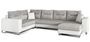 Canapé panoramique tissu gris clair chiné et simili cuir blanc en forme de U convertible avec petit coffre de rangement Lizzio 312 cm