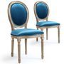 Chaise médaillon bois et velours bleu Louis XVI - Lot de 2
