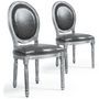 Chaise médaillon bois patiné argenté et simili gris Louis XVI - Lot de 2