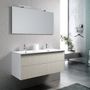 Ensemble meuble de salle de bain 2 tiroirs laqué blanc et beige double vasque et miroir à LED Oga L 120 cm