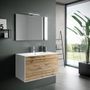 Ensemble meuble de salle de bain 2 tiroirs laqué blanc et chêne et miroir à LED Oga L 100 cm