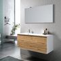 Ensemble meuble de salle de bain 2 tiroirs laqué blanc et chêne et miroir à LED Goa L 120 cm