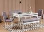 Ensemble table extensible 2 chaises et 2 bancs bois blanc et tissu gris Mariva