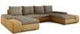 Grand canapé convertible panoramique design tissu beige chiné et simili cuir moutarde avec coffre de rangement Tino 363 cm