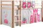 Lit mezzanine 90x200 cm avec tente et 3 pochettes princesse pin massif clair Pino