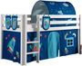 Lit mezzanine 90x200 cm avec tente tunnel et 3 pochettes astra pin massif blanc Pino