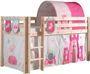 Lit mezzanine 90x200 cm avec tente tunnel et 3 pochettes princesse pin massif clair Pino