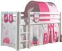 Lit mezzanine 90x200 cm avec tente tunnel et 3 pochettes princesse pin massif clair Pino 2