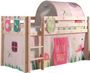 Lit mezzanine 90x200 cm avec tente tunnel et 3 pochettes printemps pin massif clair Pino