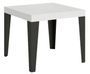 Petite table carrée 90/90 cm extensible 10 personnes 90 à 246 cm bois blanc et pieds métal anthracite Flavio