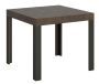 Petite table carrée 90/90 cm extensible 10 personnes 90 à 246 cm bois foncé et pieds métal gris foncé Liva