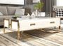 Table basse design laqué blanc et pieds acier effet or miroir Raluxe 130 cm