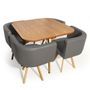 Table bois chêne clair et 4 chaises simili cuir gris Manda