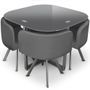 Table et 4 chaises verre gris et pieds métal chromé Mozza