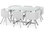 Table et 6 chaises verre blanc et pieds métal chromé Mozza