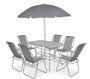 Table rectangulaire avec parasol et 6 chaises de jardin métal gris Castle