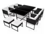 Table rectangulaire et 6 chaises de jardin résine tressée noir et coussins blanc Malm