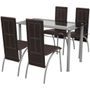 Table rectangulaire verre trempé noir et 4 chaises simili marron Vicka