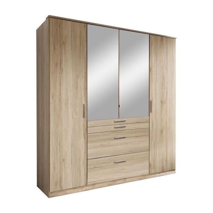 AACHEN Armoire 4 portes miroir 4 tiroirs Aspect chene San Remo L