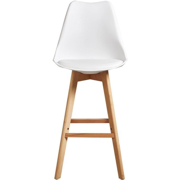 Tabouret haut scandinave bois naturel avec coussin d'assise similicuir blanc Karin - Lot de 2 - Photo n°4