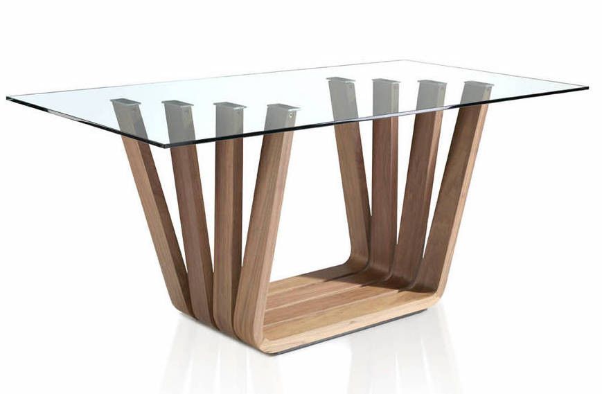 Table rectangulaire plateau verre trempé et pieds bois plaqué noyer Matega 180 cm - Photo n°1