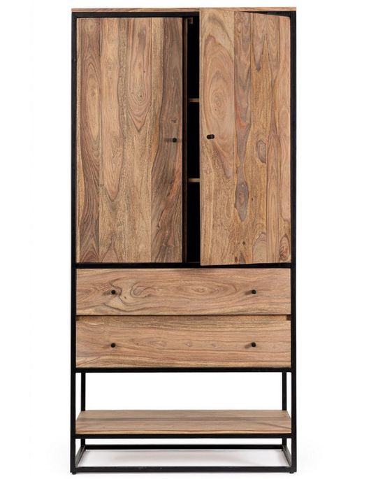 Armoire 2 portes 2 tiroirs bois clair de Sheesham et acier noir Klazik 90 cm - Photo n°3