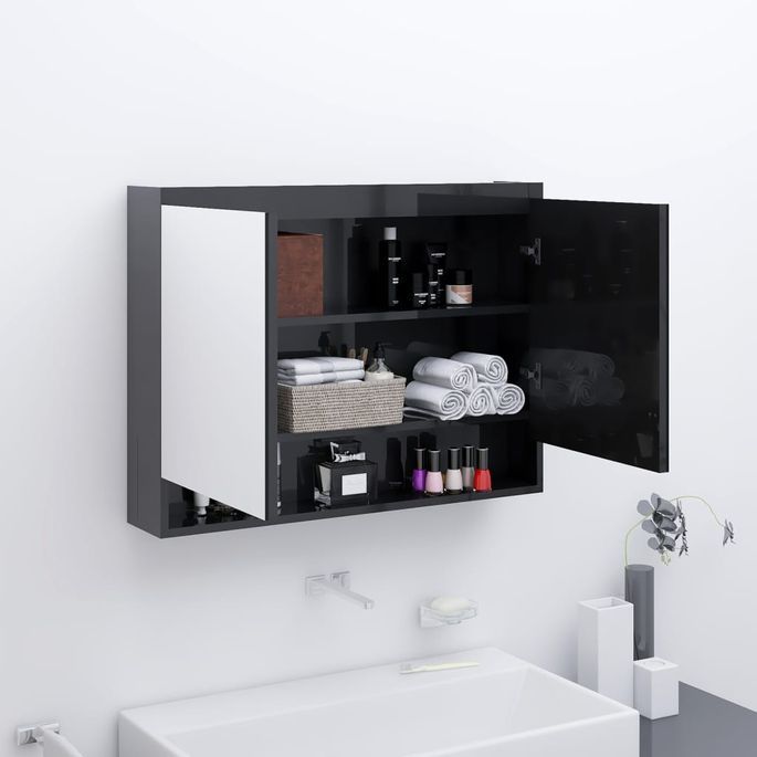 Armoire à miroir de salle de bain 80x15x60 cm MDF Noir brillant - Photo n°3