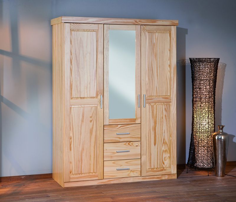 Armoire avec miroir 3 portes 3 tiroirs pin massif clair Nerod