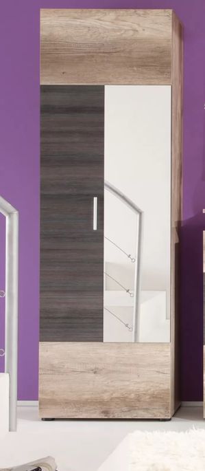 Armoire de rangement 1 porte mélaminé chêne clair et foncé avec miroir Ylias - Photo n°4