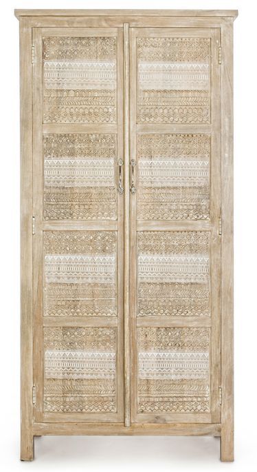 Armoire de rangement 2 portes bois de manguier clair avec décorations incrustées fait main Mabel 88 cm - Photo n°1