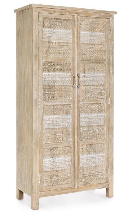 Armoire de rangement 2 portes bois de manguier clair avec décorations incrustées fait main Mabel 88 cm - Photo n°3