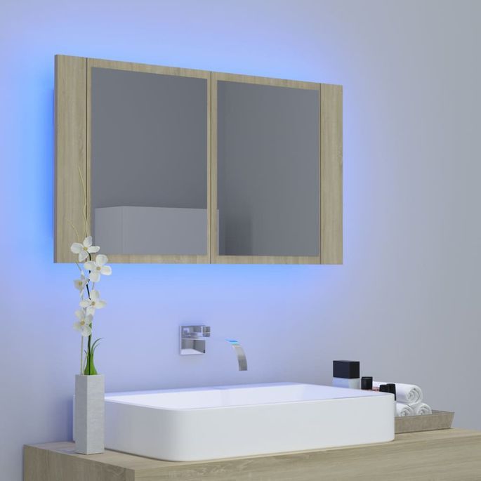 Armoire de salle de bain à miroir à LED Chêne sonoma 80x12x45cm - Photo n°3