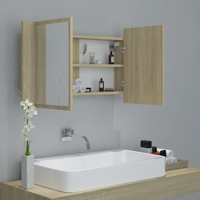 Armoire de salle de bain à miroir à LED Chêne sonoma 80x12x45cm - Photo n°6