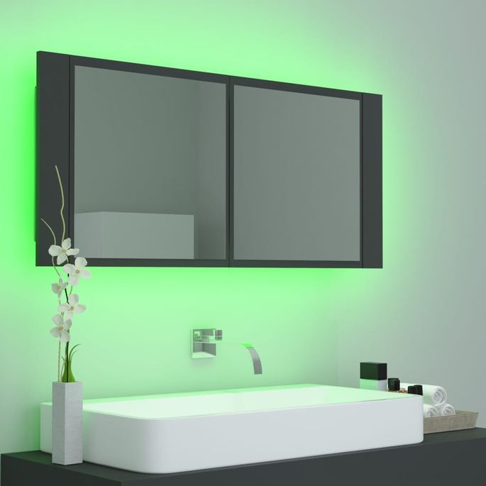 Armoire de salle de bain à miroir à LED Gris 100x12x45 cm - Photo n°6