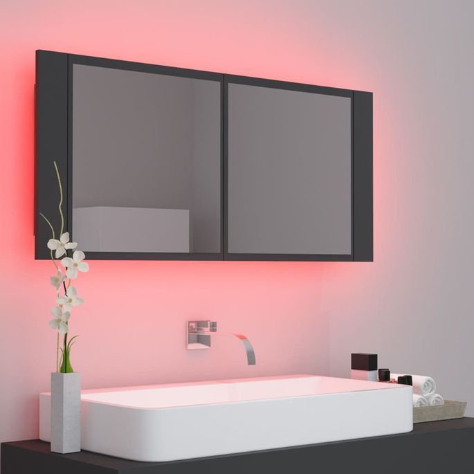 Armoire de salle de bain à miroir à LED Gris 100x12x45 cm - Photo n°7