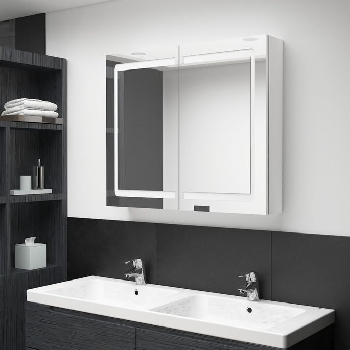 Armoire de salle de bain à miroir LED Blanc brillant 80x12x68cm - Photo n°2