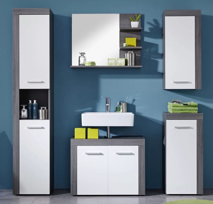 Armoire de toilette 1 porte mélaminé blanc et gris Anide - Photo n°5